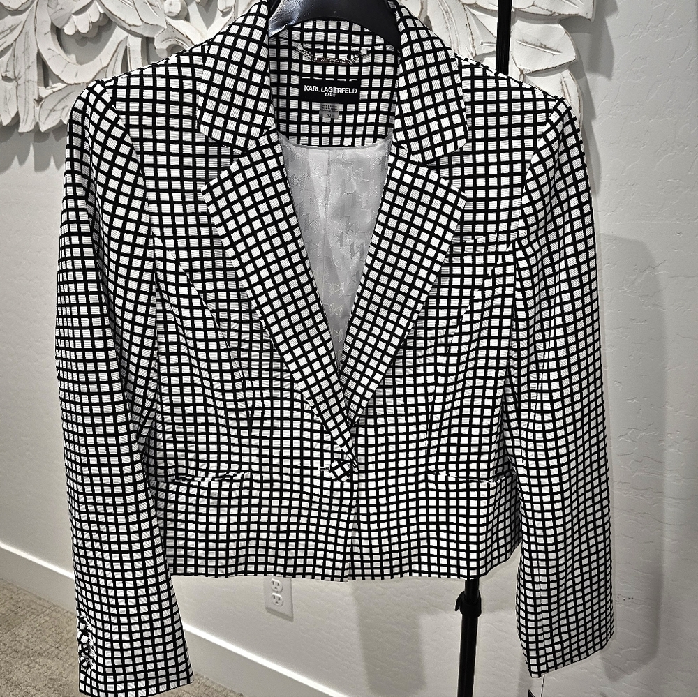 Karl Lagerfeld Black/White Checkered Women's Cropped Blazer/Jacket Size 10 NWT
